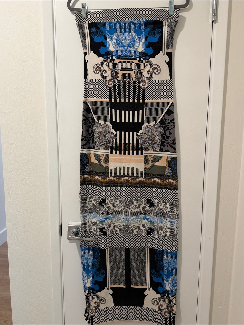 Hale Bob Strapless Maxi Dress in Blue, Black and Cream Geometric Print